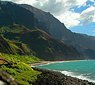 Sunny day on my Kauai vacation on the Kalalau trail with Kalalau beach in the distance